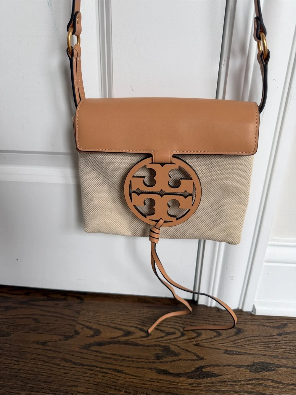 Tory Burch Beige Canvas & Tan Leather Logo Crossbody